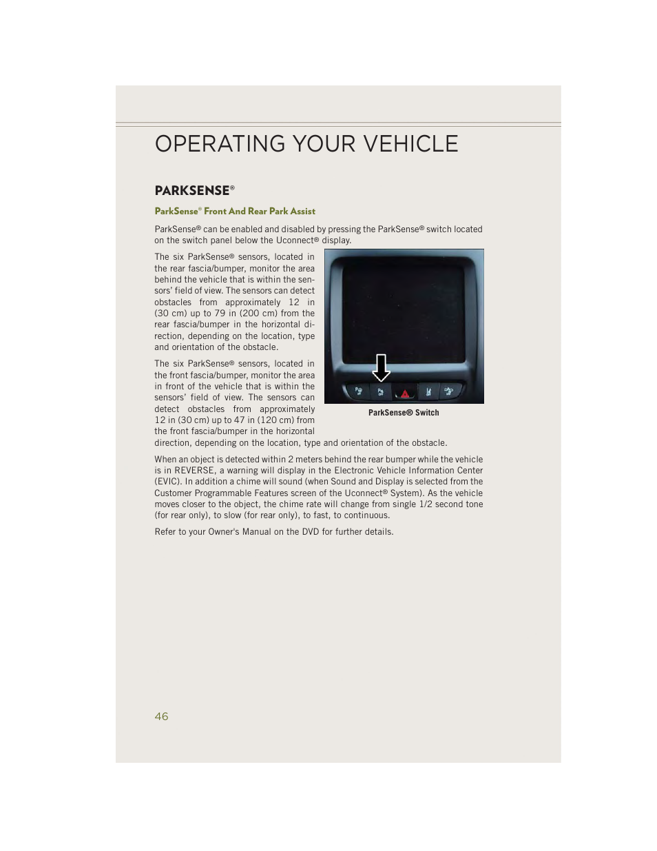 Parksense, Parksense® front and rear park assist, Operating your vehicle | Jeep 2014 Cherokee - User Guide User Manual | Page 48 / 204