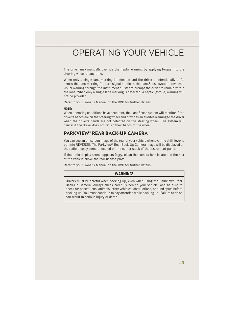 Parkview® rear back-up camera, Parkview, Rear back-up | Camera, Operating your vehicle | Jeep 2014 Cherokee - User Guide User Manual | Page 51 / 204