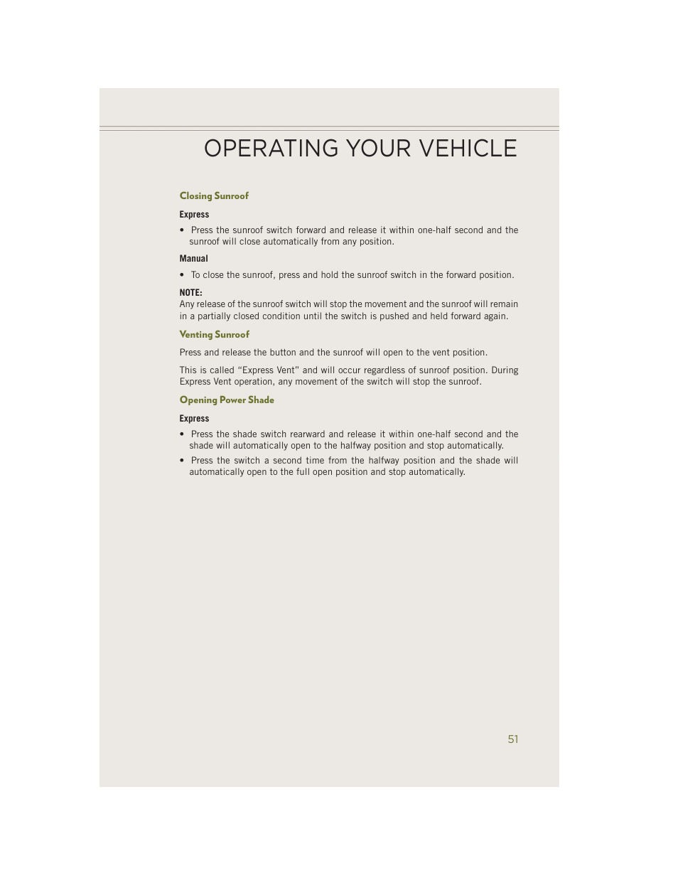 Closing sunroof, Venting sunroof, Opening power shade | Operating your vehicle | Jeep 2014 Cherokee - User Guide User Manual | Page 53 / 204