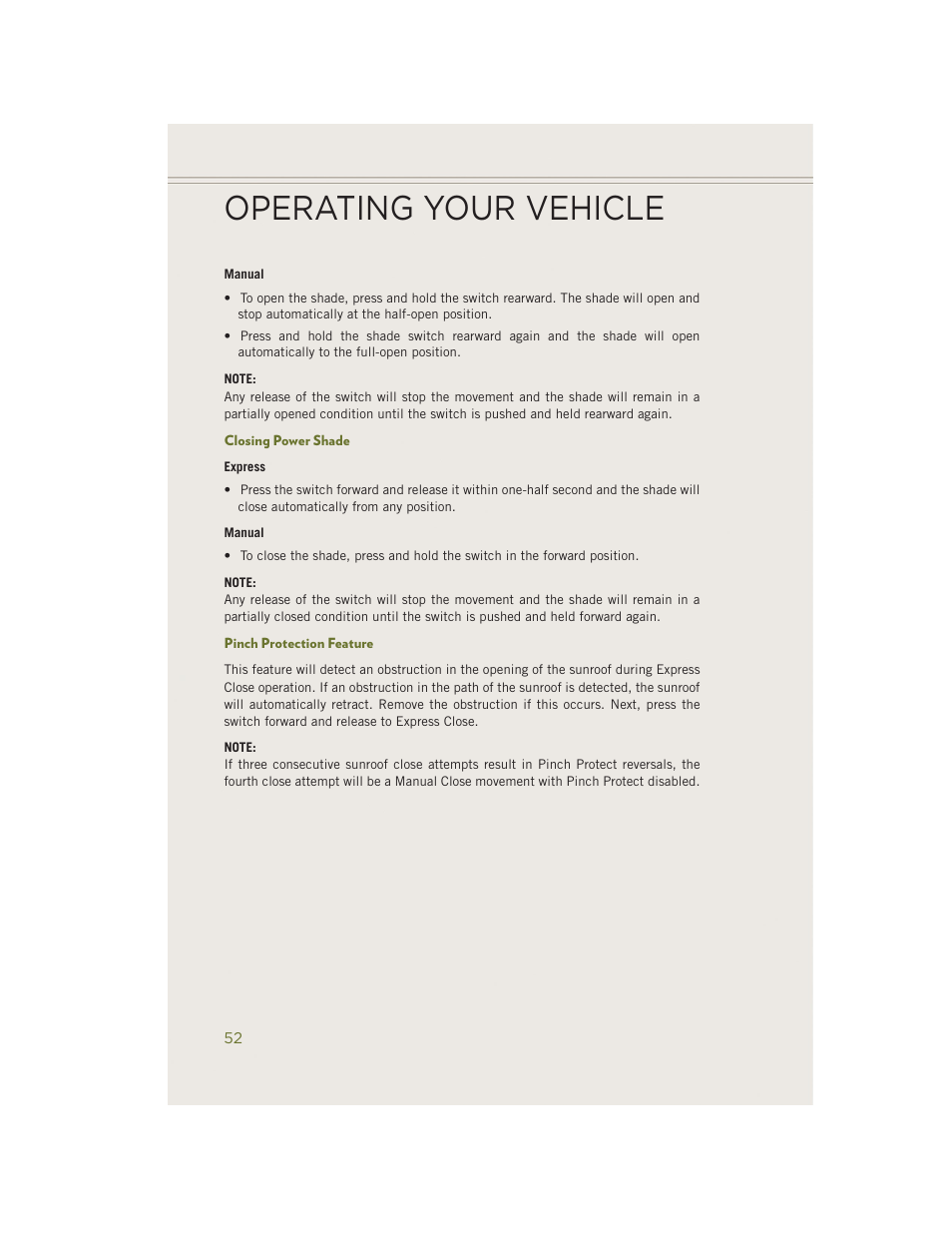 Closing power shade, Pinch protection feature, Operating your vehicle | Jeep 2014 Cherokee - User Guide User Manual | Page 54 / 204