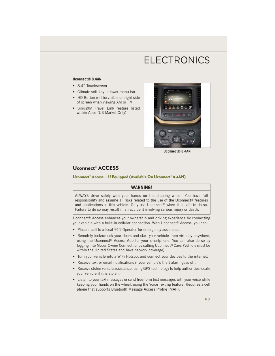 Uconnect® access, Uconnect, Access | Electronics, Warning | Jeep 2014 Cherokee - User Guide User Manual | Page 59 / 204