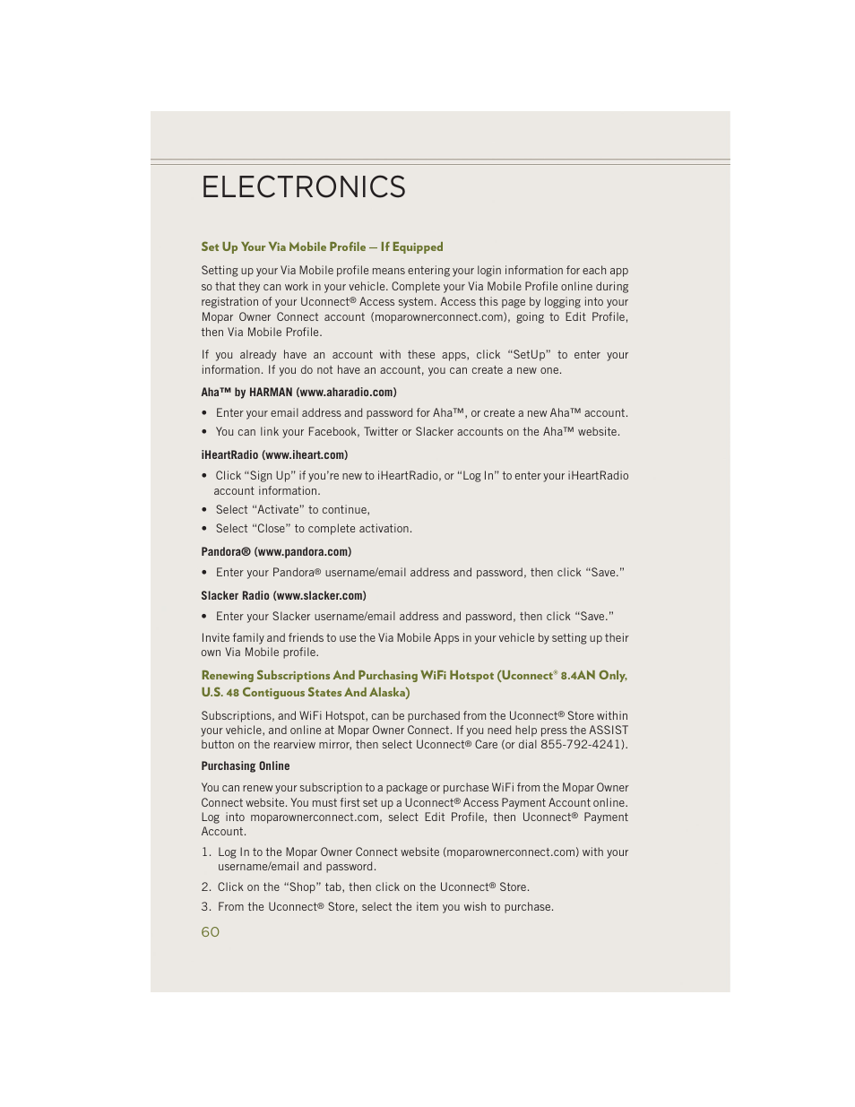 Set up your via mobile profile — if equipped, Electronics | Jeep 2014 Cherokee - User Guide User Manual | Page 62 / 204