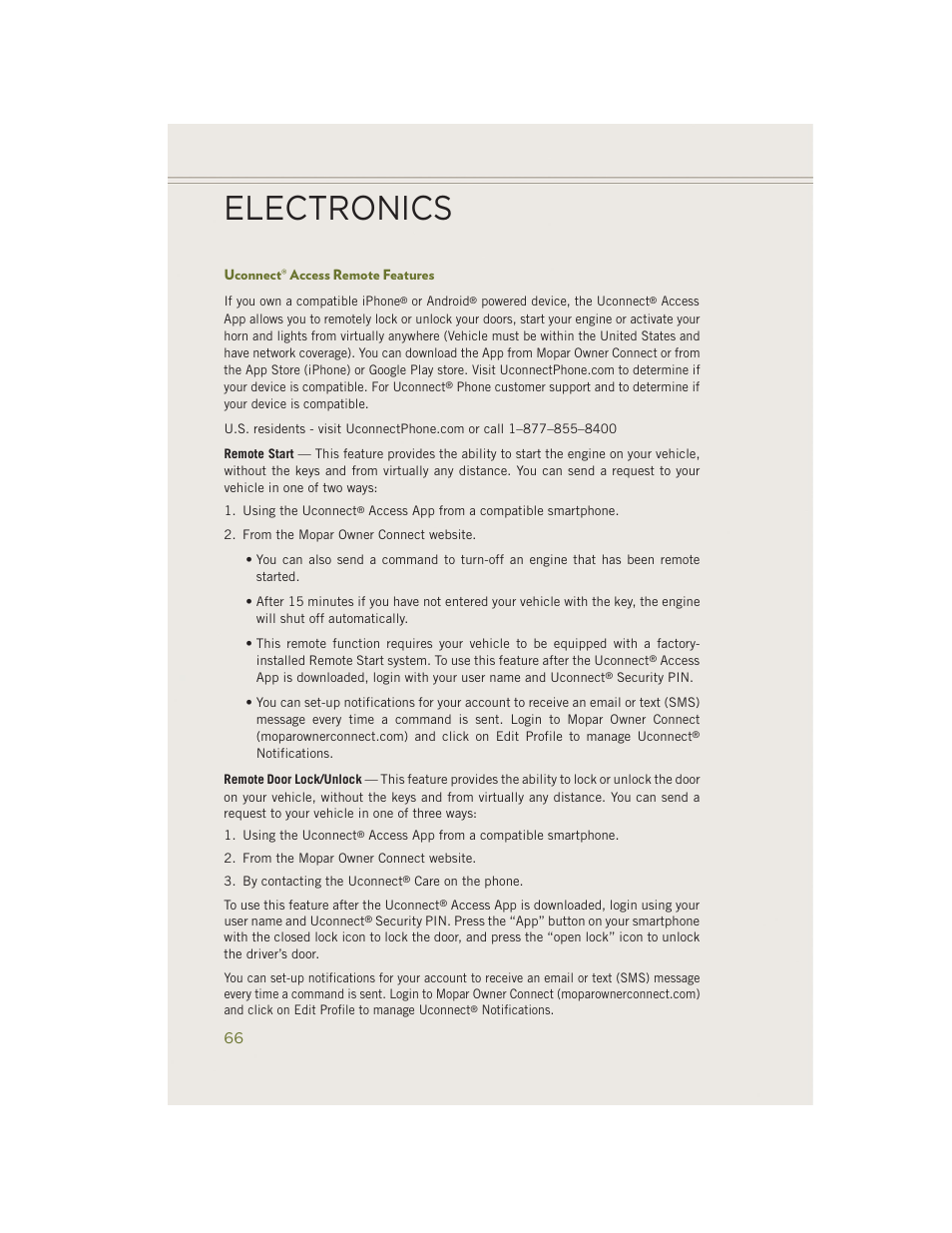 Uconnect® access remote features, Electronics | Jeep 2014 Cherokee - User Guide User Manual | Page 68 / 204