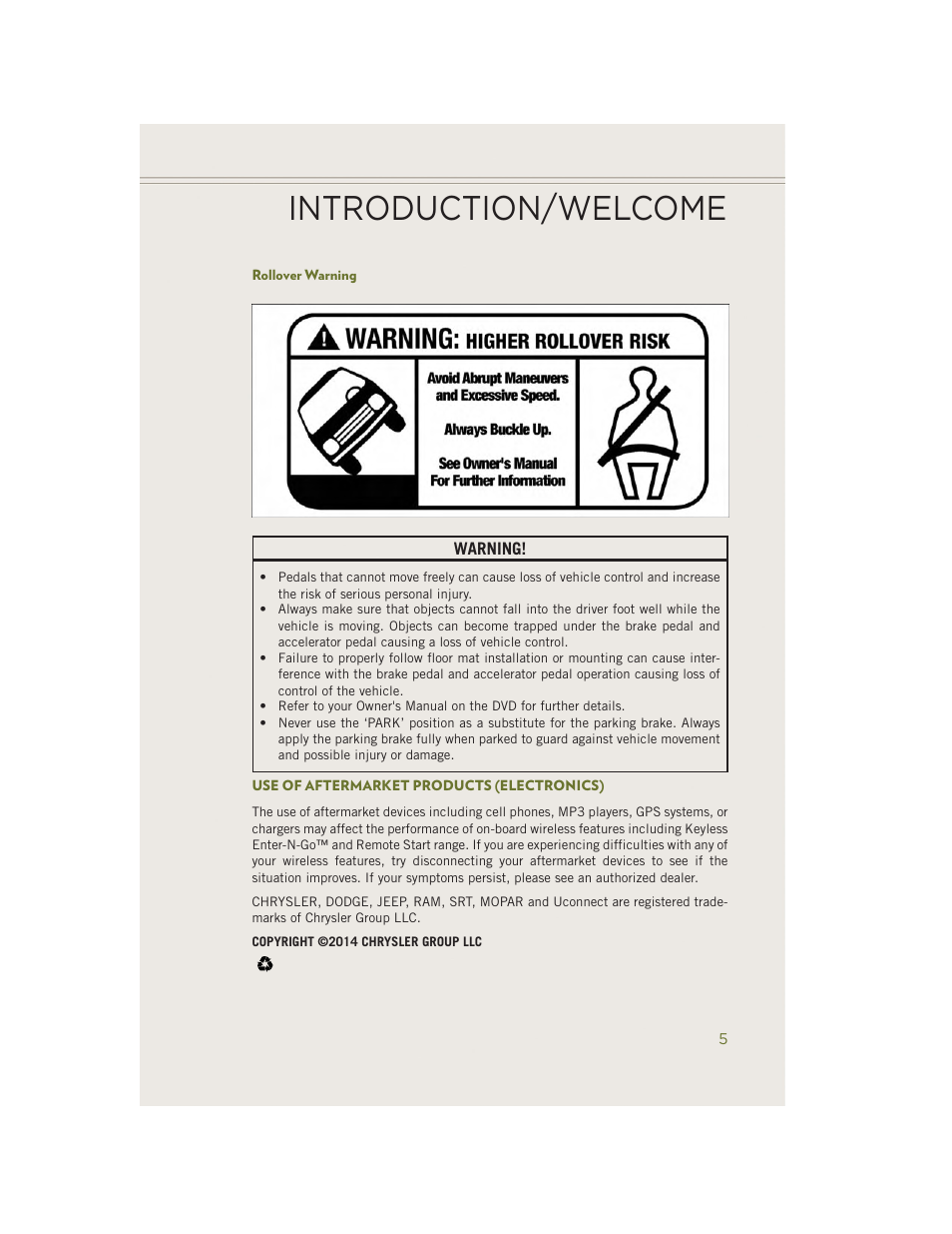 Rollover warning, Use of aftermarket products (electronics), Introduction/welcome | Jeep 2014 Cherokee - User Guide User Manual | Page 7 / 204