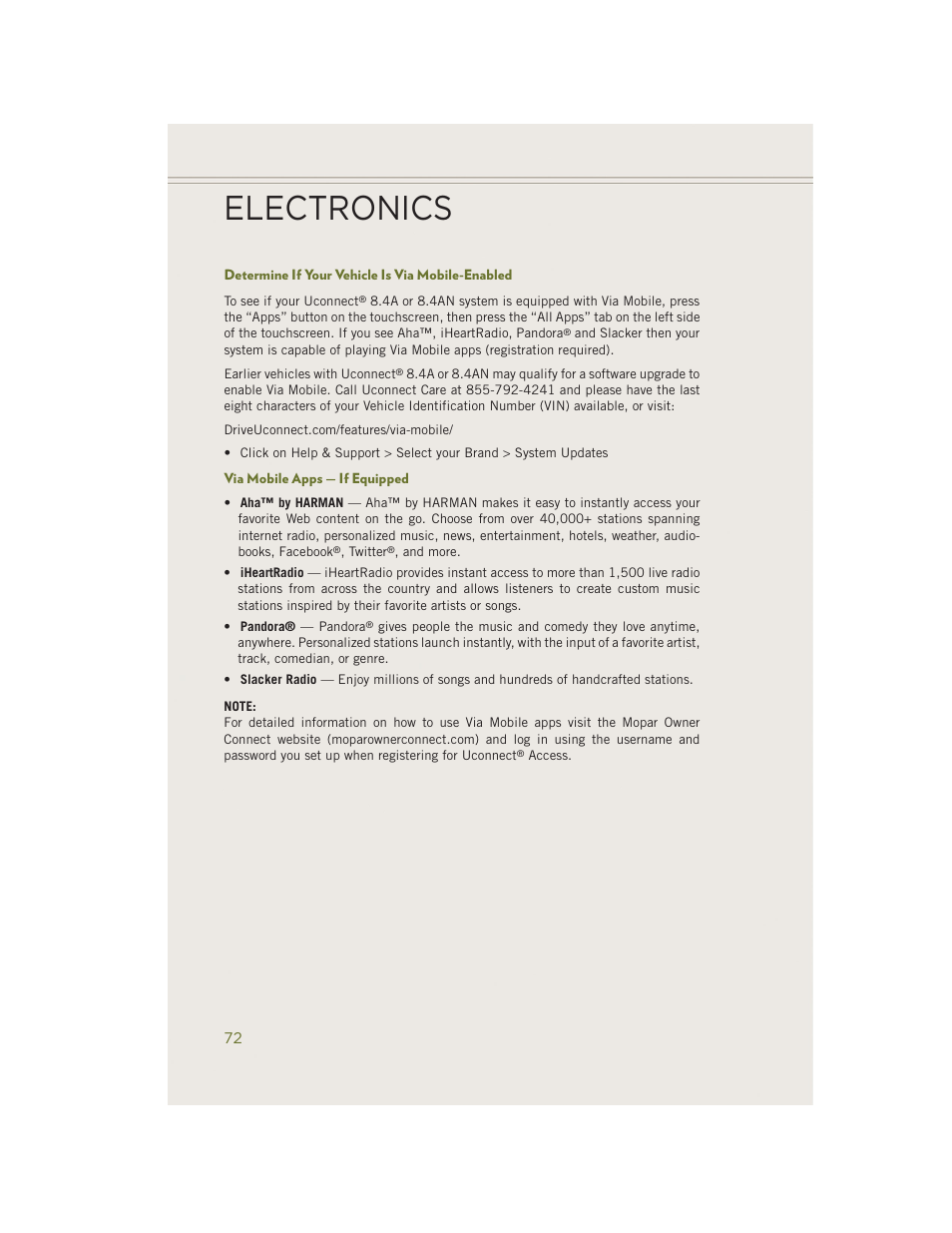 Determine if your vehicle is via mobile-enabled, Via mobile apps — if equipped, Electronics | Jeep 2014 Cherokee - User Guide User Manual | Page 74 / 204