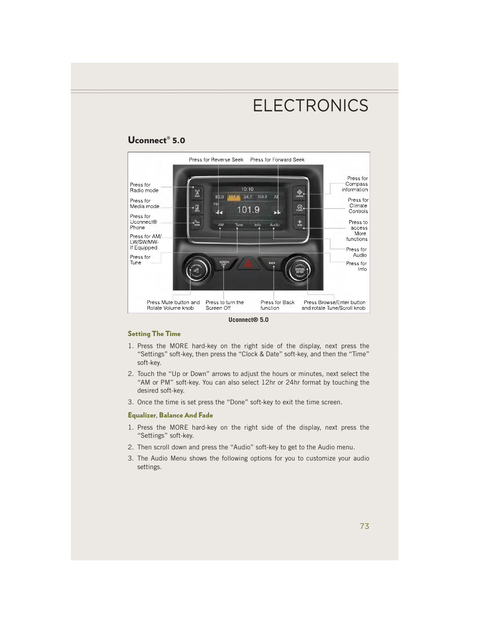 Uconnect® 5.0, Setting the time, Equalizer, balance and fade | Uconnect, Electronics | Jeep 2014 Cherokee - User Guide User Manual | Page 75 / 204