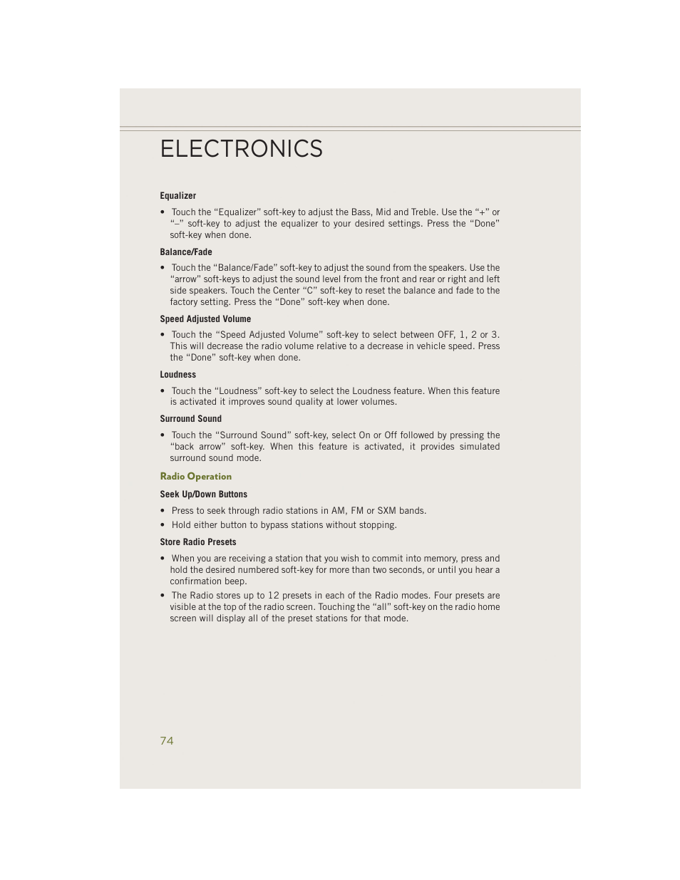 Radio operation, Electronics | Jeep 2014 Cherokee - User Guide User Manual | Page 76 / 204