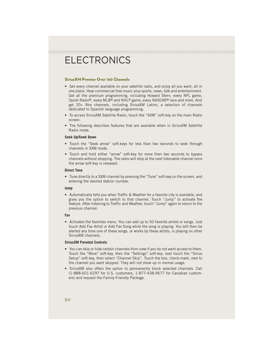 Siriusxm premier over 160 channels, Electronics | Jeep 2014 Cherokee - User Guide User Manual | Page 86 / 204
