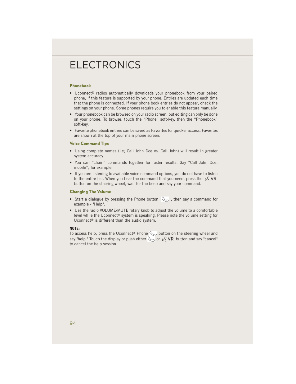 Phonebook, Voice command tips, Changing the volume | Electronics | Jeep 2014 Cherokee - User Guide User Manual | Page 96 / 204
