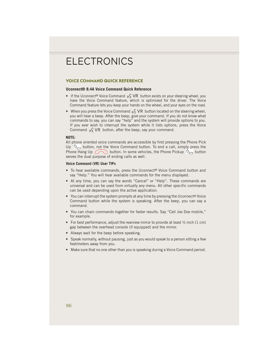 Voice command quick reference, Electronics | Jeep 2014 Cherokee - User Guide User Manual | Page 98 / 204