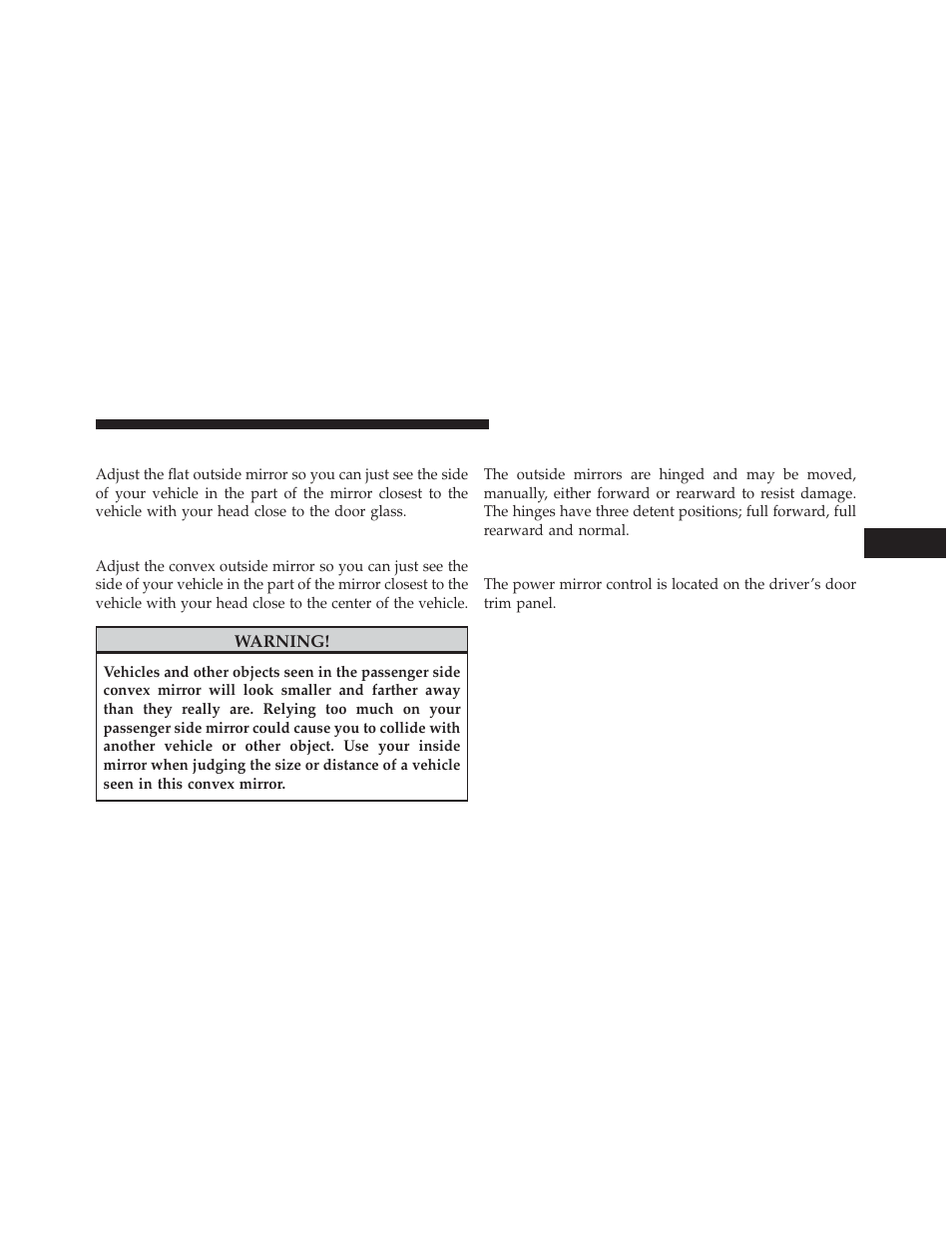 Outside mirror — driver side, Outside mirror — passenger side, Folding outside mirrors | Power mirrors | Jeep 2014 Compass - Owner Manual User Manual | Page 113 / 572