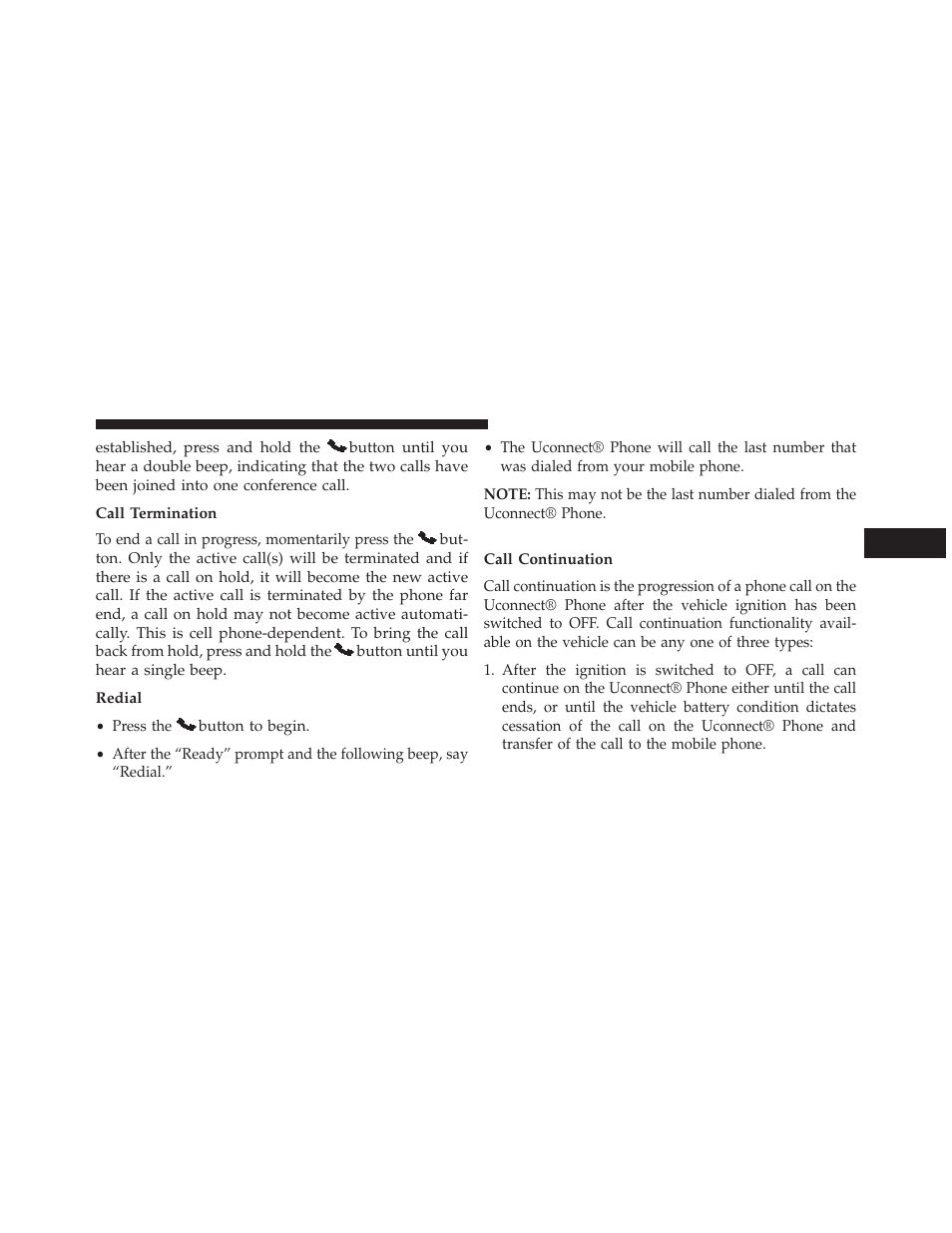 Call termination, Redial, Call continuation | Jeep 2014 Compass - Owner Manual User Manual | Page 127 / 572