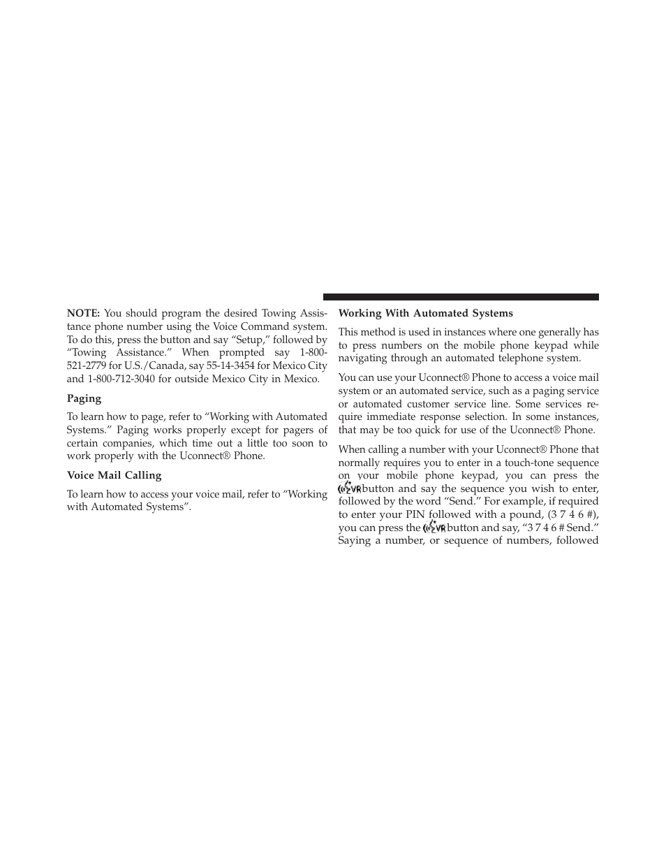 Paging, Voice mail calling, Working with automated systems | Jeep 2014 Compass - Owner Manual User Manual | Page 130 / 572