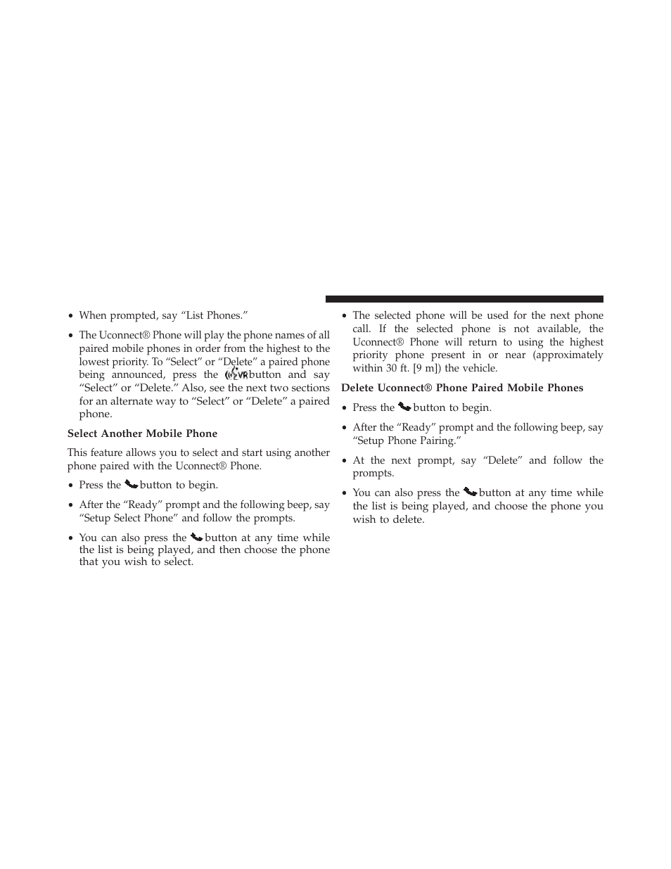 Select another mobile phone, Delete uconnect® phone paired mobile phones | Jeep 2014 Compass - Owner Manual User Manual | Page 134 / 572