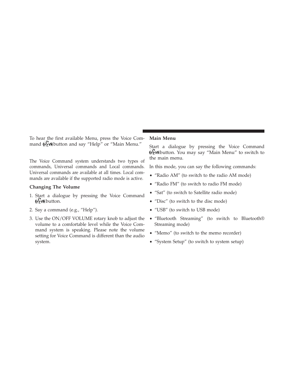 Commands, Changing the volume, Main menu | Jeep 2014 Compass - Owner Manual User Manual | Page 148 / 572
