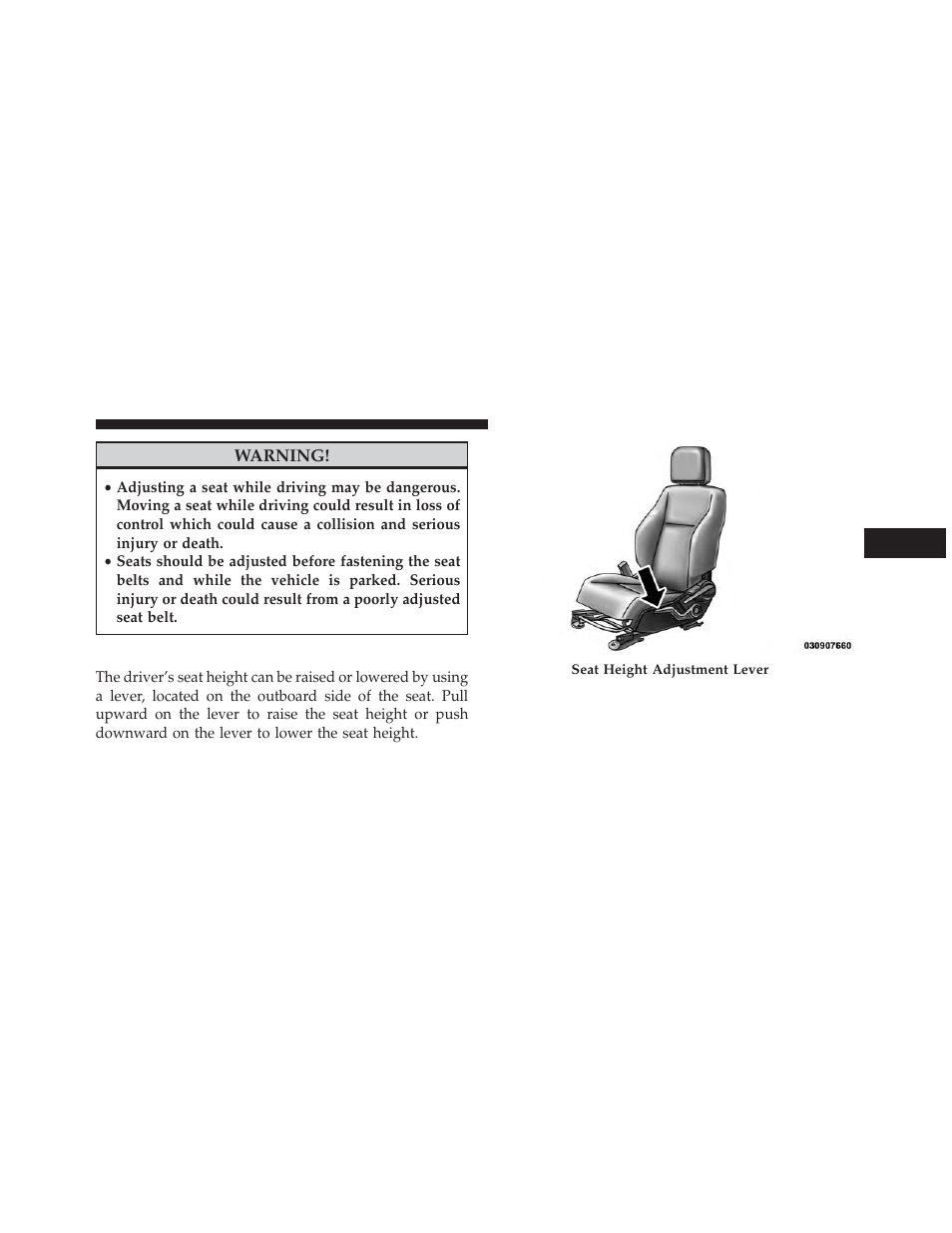 Manual seat height adjustment — if equipped, Manual seat height adjustment — if, Equipped | Jeep 2014 Compass - Owner Manual User Manual | Page 157 / 572