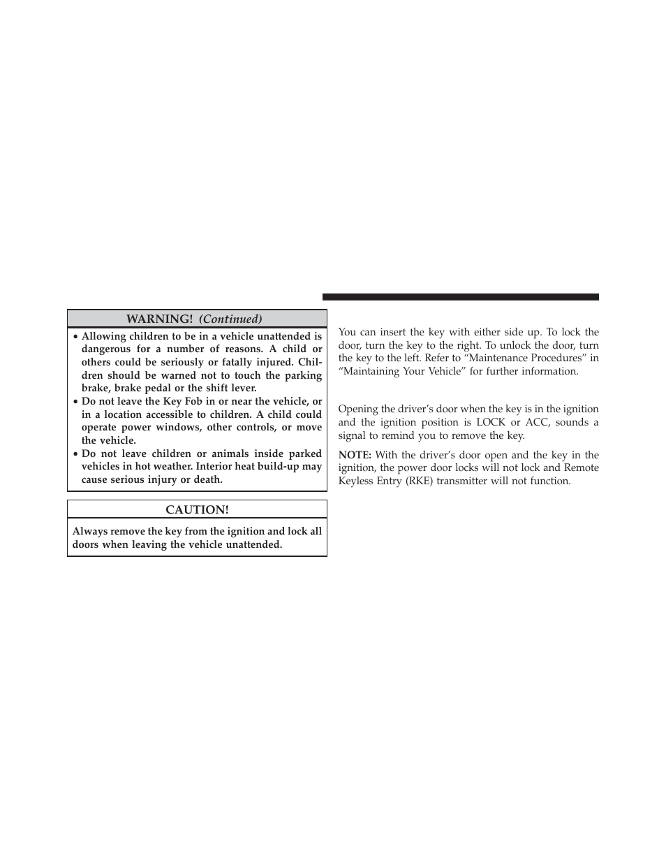 Locking doors with a key, Key-in-ignition reminder | Jeep 2014 Compass - Owner Manual User Manual | Page 16 / 572