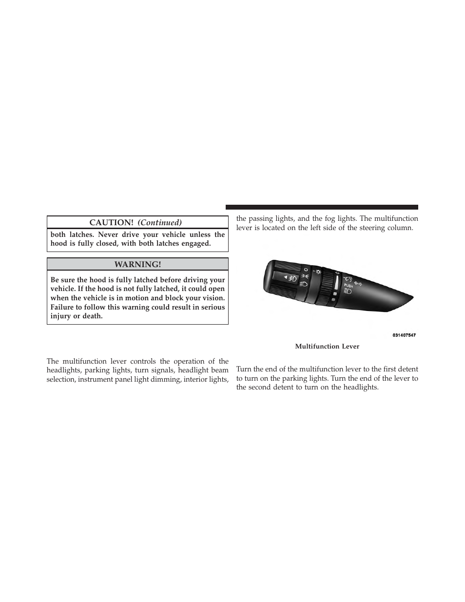 Lights, Multifunction lever, Headlights and parking lights | Jeep 2014 Compass - Owner Manual User Manual | Page 168 / 572