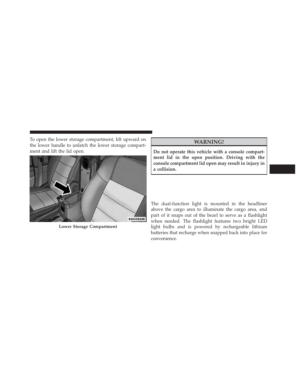 Cargo area features, Cargo light/removable self-recharging flashlight, Cargo light/removable self-recharging | Flashlight | Jeep 2014 Compass - Owner Manual User Manual | Page 207 / 572