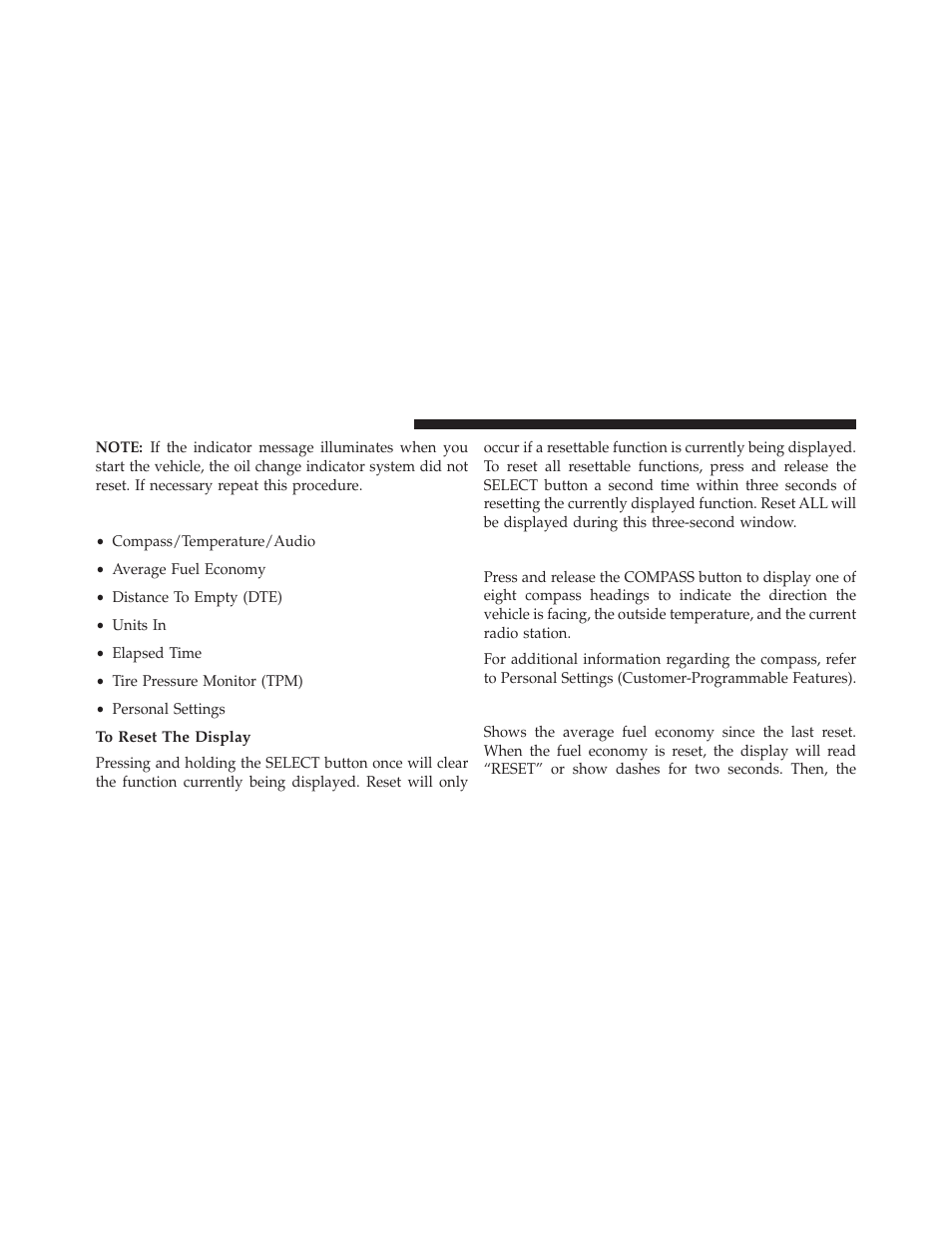 Evic functions, To reset the display, Compass/temperature/audio | Average fuel economy | Jeep 2014 Compass - Owner Manual User Manual | Page 244 / 572
