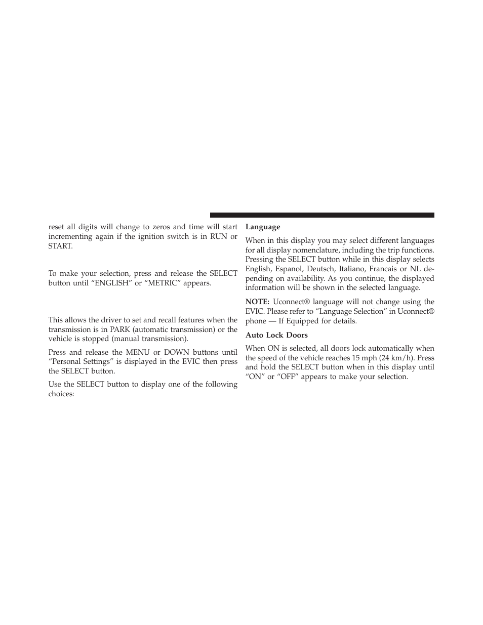 Display units of measure in, Personal settings (customer-programmable features), Language | Auto lock doors, Personal settings (customer-programmable, Features) | Jeep 2014 Compass - Owner Manual User Manual | Page 246 / 572