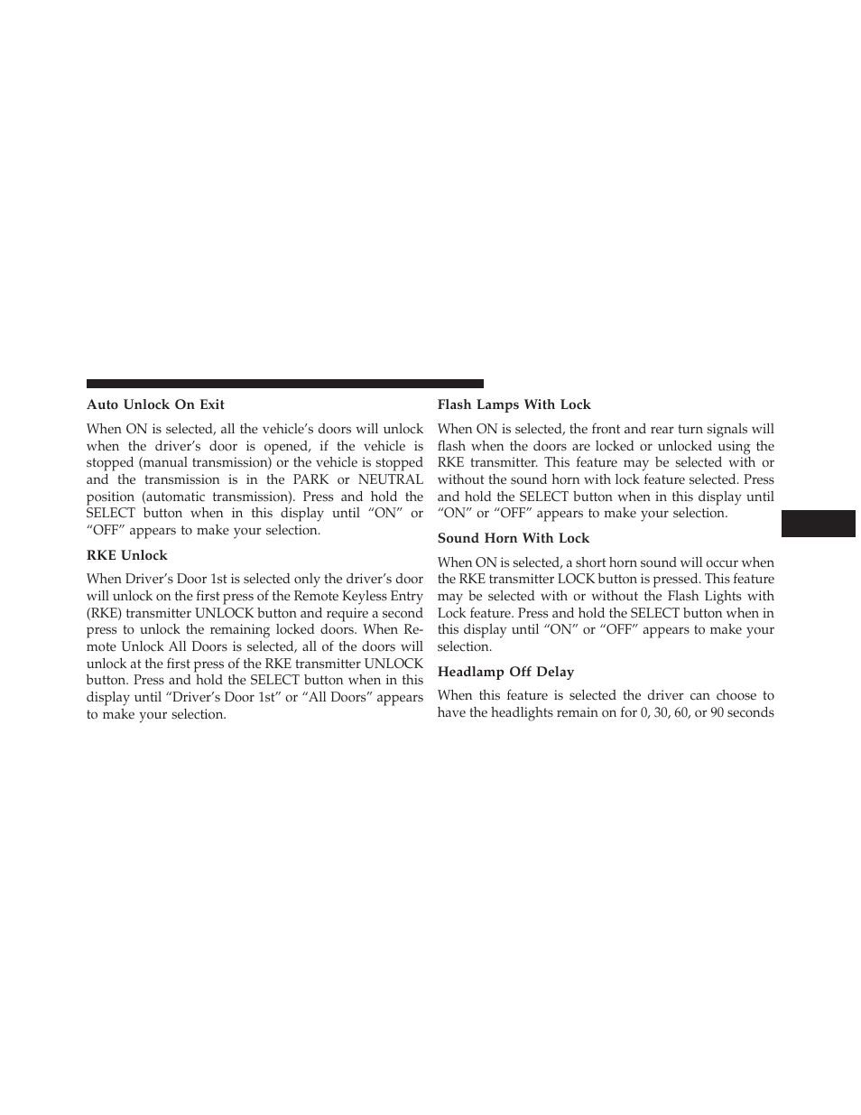 Auto unlock on exit, Rke unlock, Flash lamps with lock | Sound horn with lock, Headlamp off delay | Jeep 2014 Compass - Owner Manual User Manual | Page 247 / 572