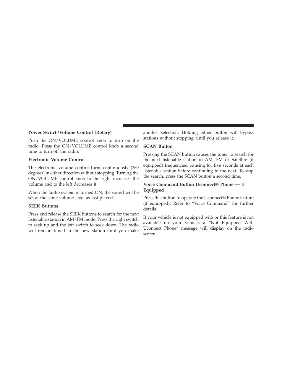 Power switch/volume control (rotary), Electronic volume control, Seek buttons | Scan button, Voice command button uconnect® phone — if equipped | Jeep 2014 Compass - Owner Manual User Manual | Page 252 / 572