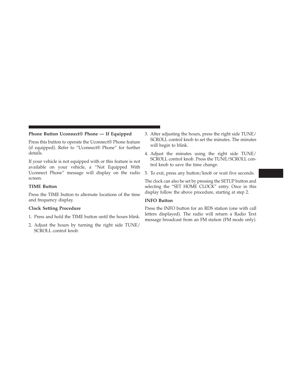 Phone button uconnect® phone — if equipped, Time button, Clock setting procedure | Info button | Jeep 2014 Compass - Owner Manual User Manual | Page 253 / 572