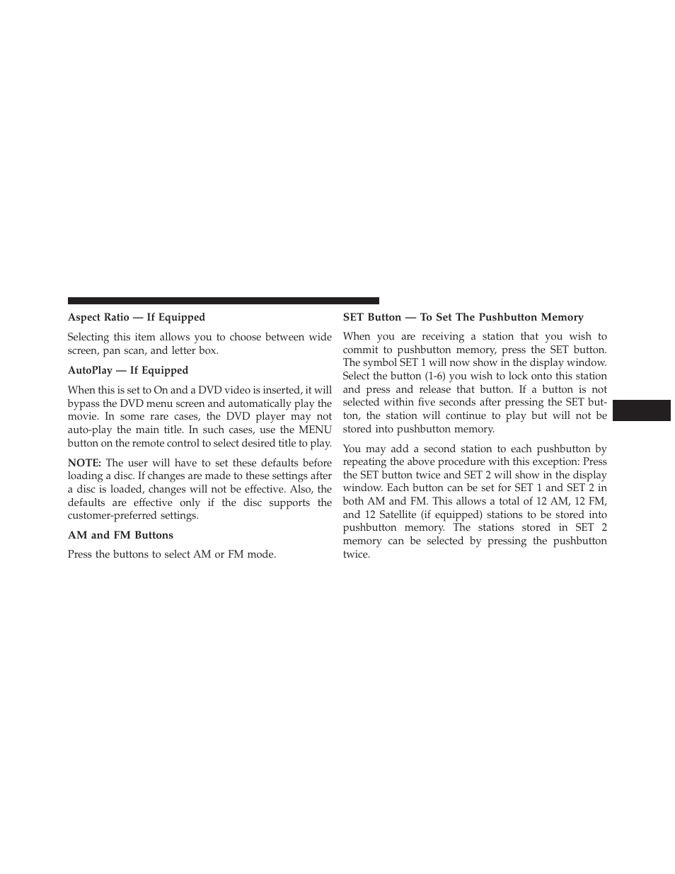 Am and fm buttons, Set button — to set the pushbutton memory | Jeep 2014 Compass - Owner Manual User Manual | Page 259 / 572