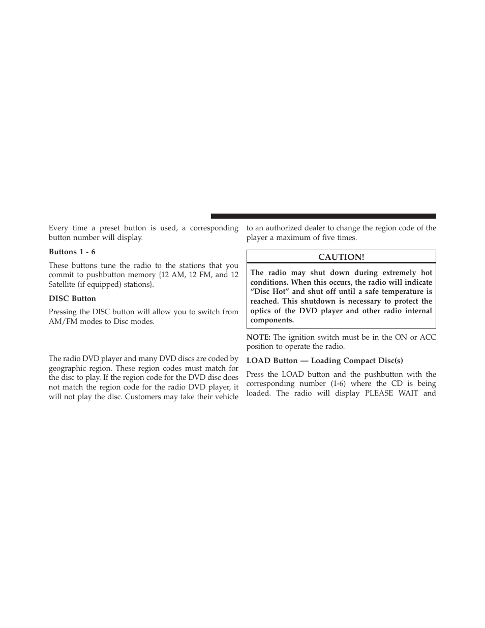 Buttons 1 - 6, Disc button, Load button — loading compact disc(s) | Operation instructions — disc mode for cd and, Mp3/wma audio play, dvd – video | Jeep 2014 Compass - Owner Manual User Manual | Page 260 / 572