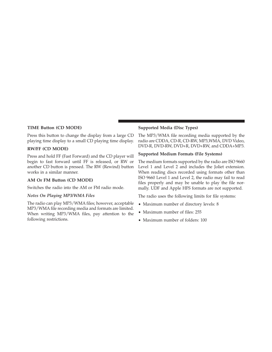 Time button (cd mode), Rw/ff (cd mode), Am or fm button (cd mode) | Jeep 2014 Compass - Owner Manual User Manual | Page 262 / 572