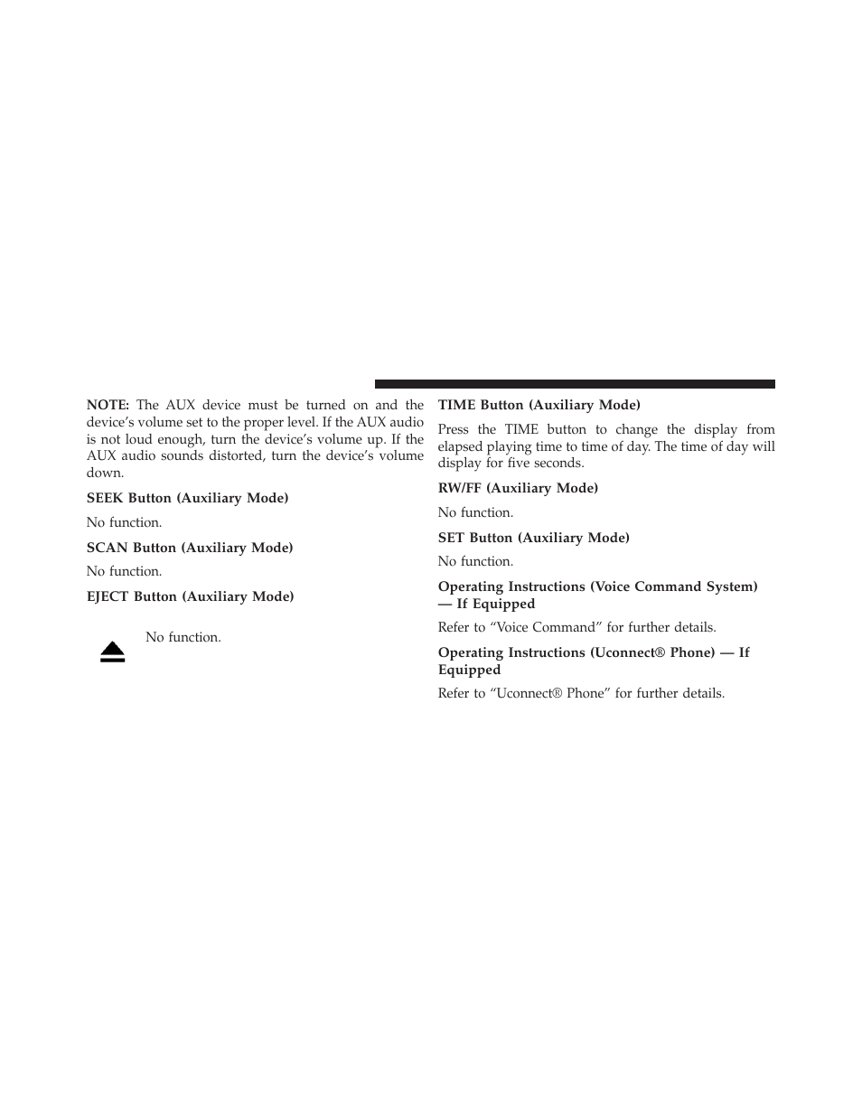 Seek button (auxiliary mode), Scan button (auxiliary mode), Eject button (auxiliary mode) | Time button (auxiliary mode), Rw/ff (auxiliary mode), Set button (auxiliary mode) | Jeep 2014 Compass - Owner Manual User Manual | Page 266 / 572