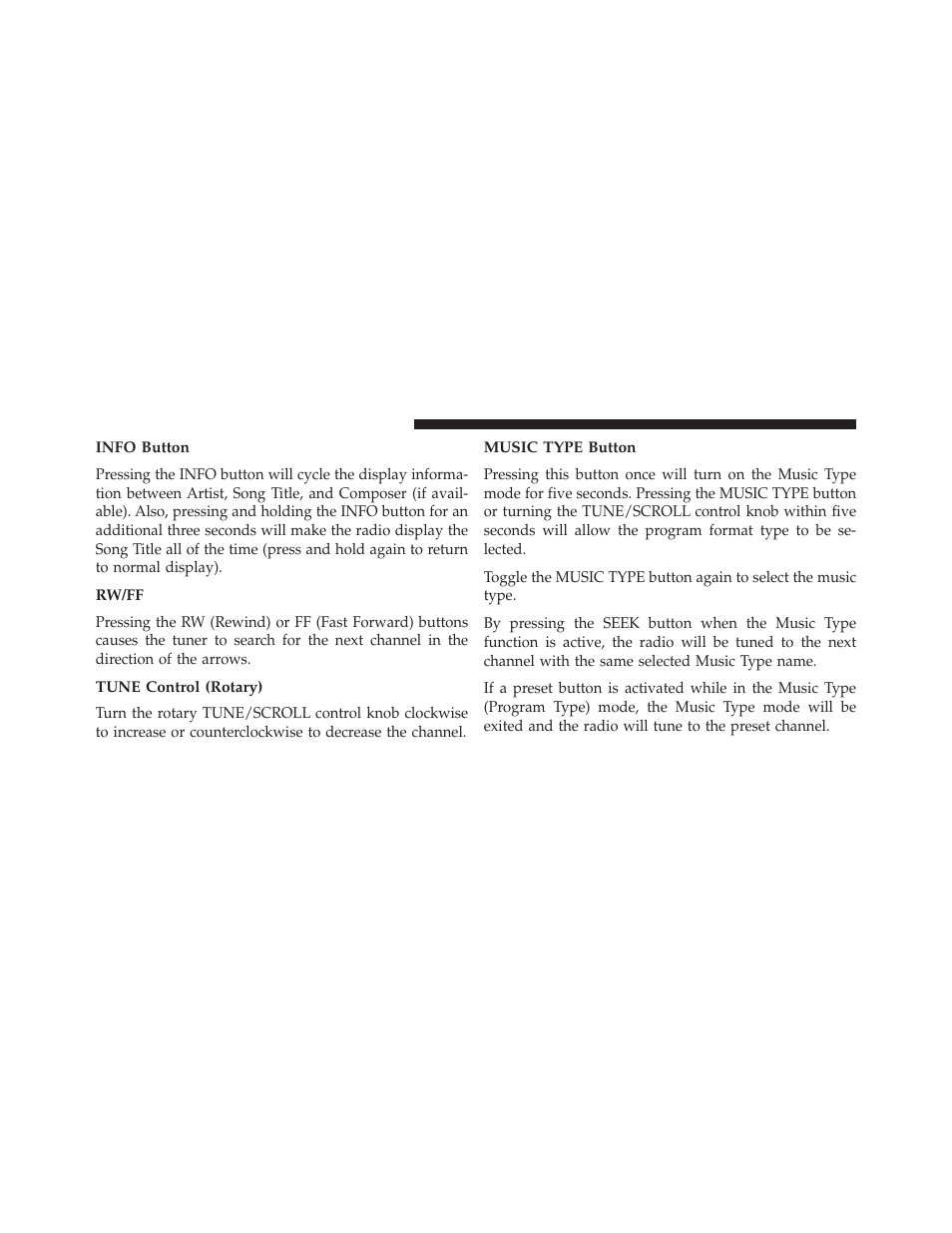 Info button, Rw/ff, Tune control (rotary) | Music type button | Jeep 2014 Compass - Owner Manual User Manual | Page 270 / 572