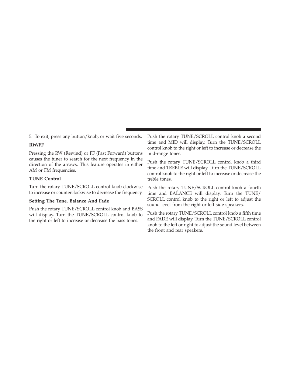 Rw/ff, Tune control, Setting the tone, balance and fade | Jeep 2014 Compass - Owner Manual User Manual | Page 274 / 572