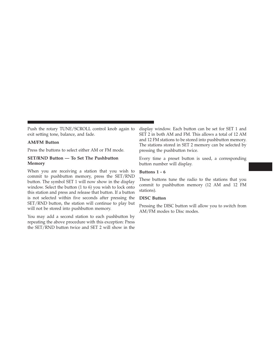 Am/fm button, Set/rnd button — to set the pushbutton memory, Buttons 1 - 6 | Disc button | Jeep 2014 Compass - Owner Manual User Manual | Page 275 / 572