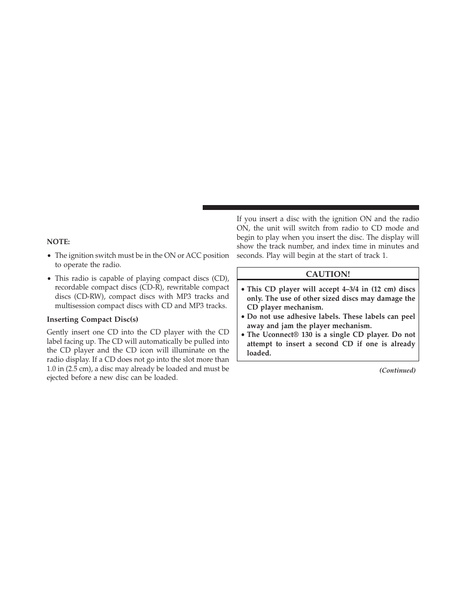 Inserting compact disc(s), Operation instructions — cd mode for cd and, Mp3 audio play | Jeep 2014 Compass - Owner Manual User Manual | Page 276 / 572