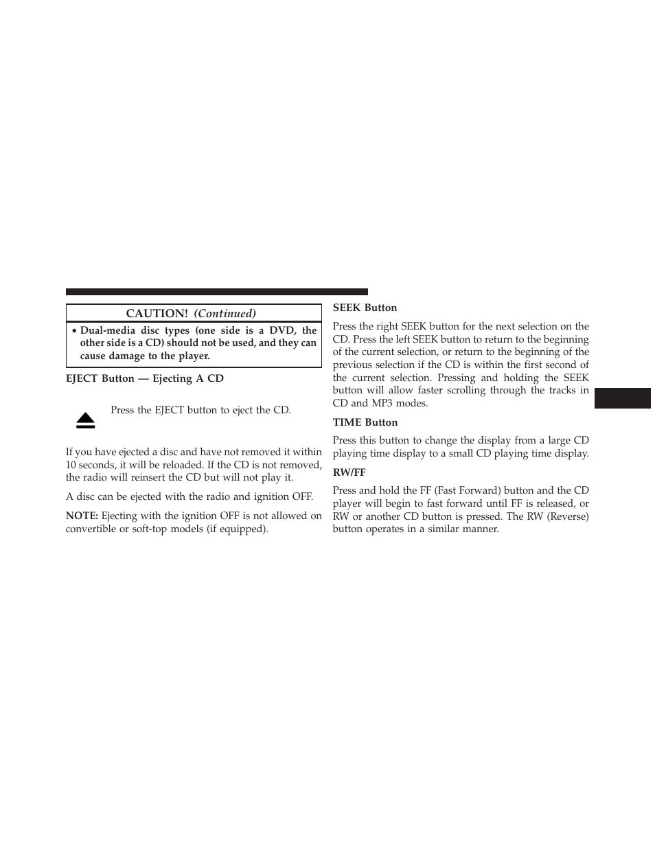 Eject button — ejecting a cd, Seek button, Time button | Rw/ff | Jeep 2014 Compass - Owner Manual User Manual | Page 277 / 572
