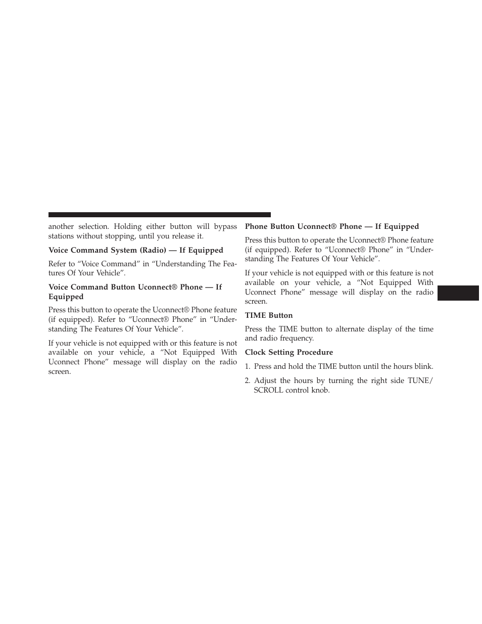 Voice command system (radio) — if equipped, Voice command button uconnect® phone — if equipped, Phone button uconnect® phone — if equipped | Time button, Clock setting procedure | Jeep 2014 Compass - Owner Manual User Manual | Page 283 / 572