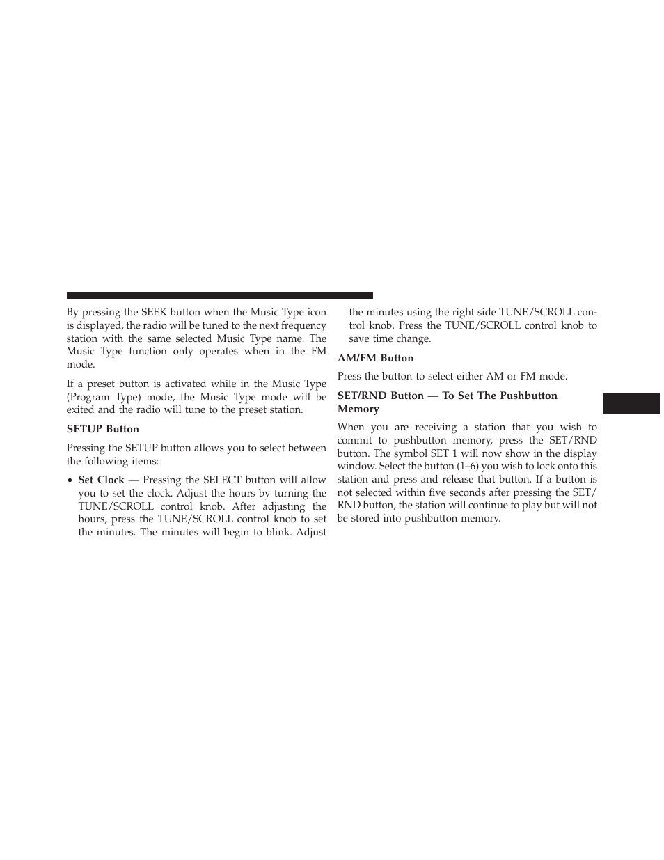 Setup button, Am/fm button, Set/rnd button — to set the pushbutton memory | Jeep 2014 Compass - Owner Manual User Manual | Page 287 / 572