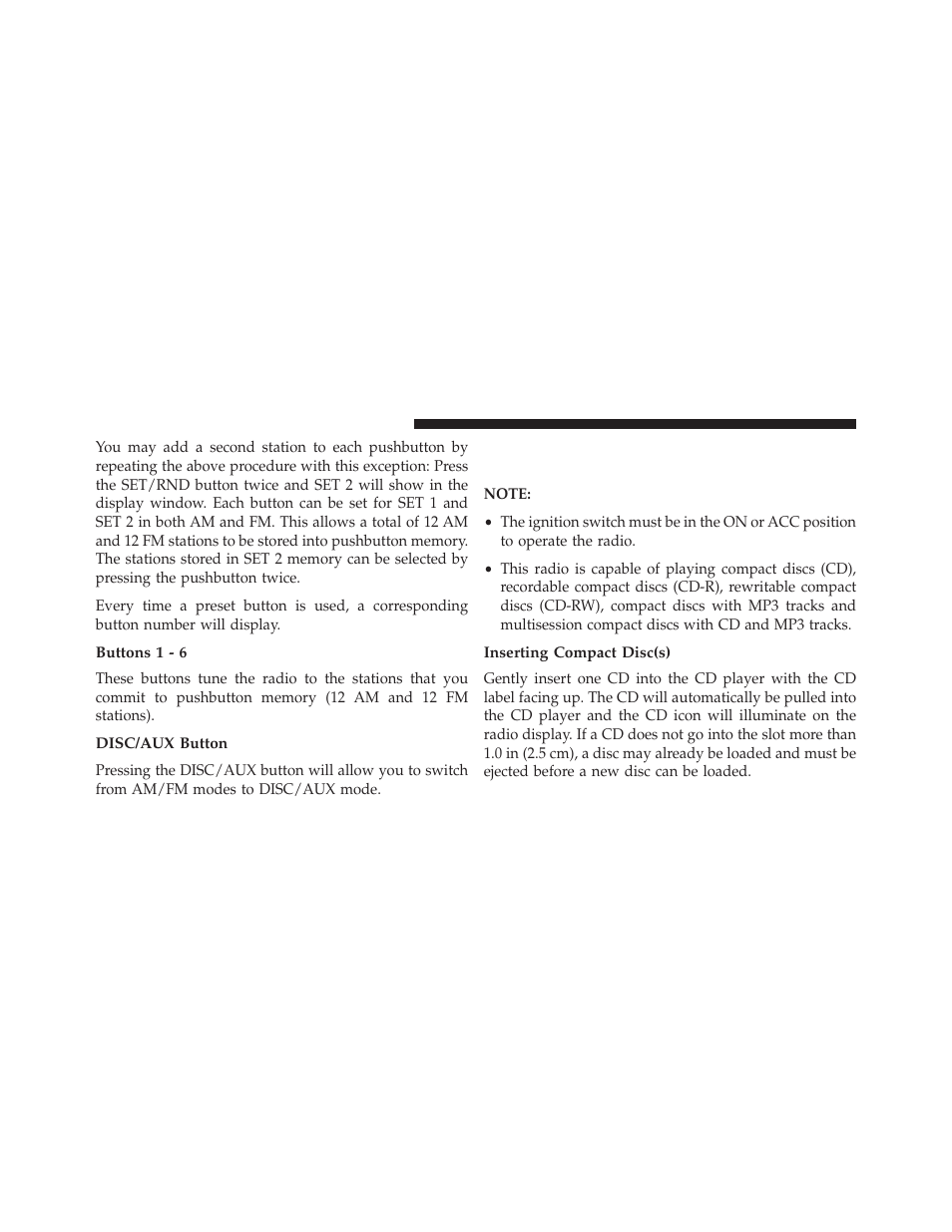 Buttons 1 - 6, Disc/aux button, Inserting compact disc(s) | Operation instructions — cd mode for cd and, Mp3 audio play | Jeep 2014 Compass - Owner Manual User Manual | Page 288 / 572