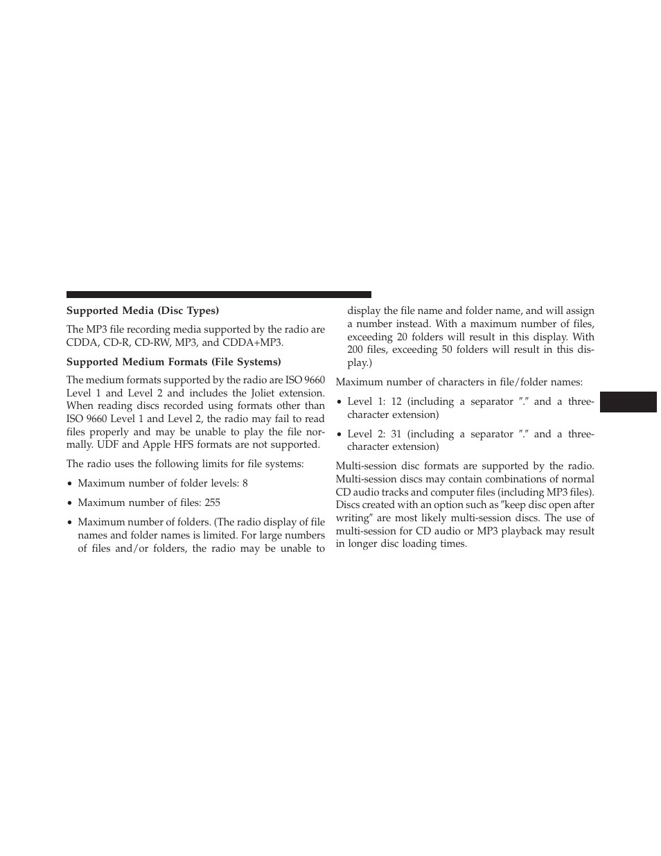 Supported media (disc types), Supported medium formats (file systems) | Jeep 2014 Compass - Owner Manual User Manual | Page 291 / 572