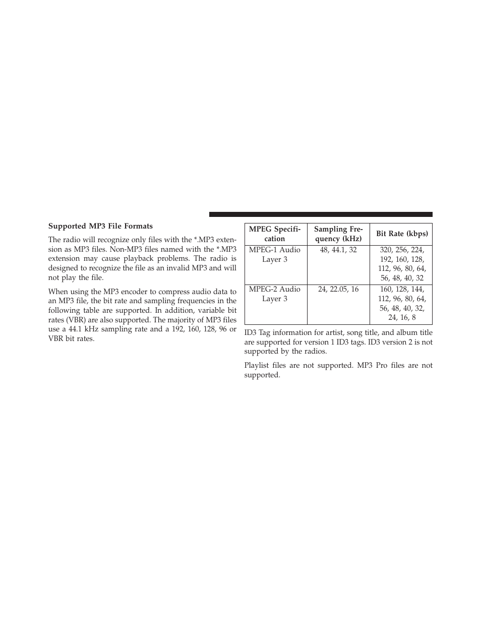 Supported mp3 file formats | Jeep 2014 Compass - Owner Manual User Manual | Page 292 / 572