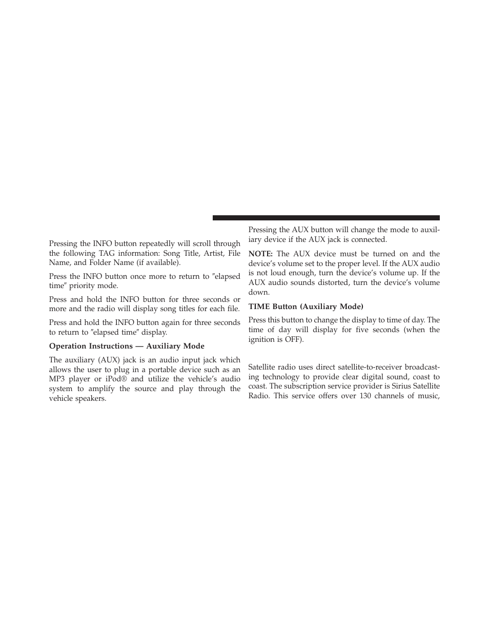 Info button — cd mode for mp3 play, Operation instructions — auxiliary mode, Time button (auxiliary mode) | Uconnect® (satellite radio) — if equipped | Jeep 2014 Compass - Owner Manual User Manual | Page 294 / 572