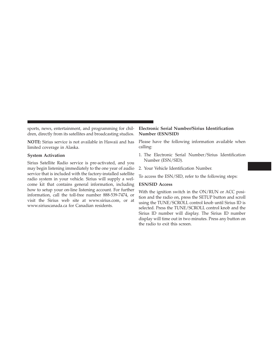 System activation, Esn/sid access | Jeep 2014 Compass - Owner Manual User Manual | Page 295 / 572