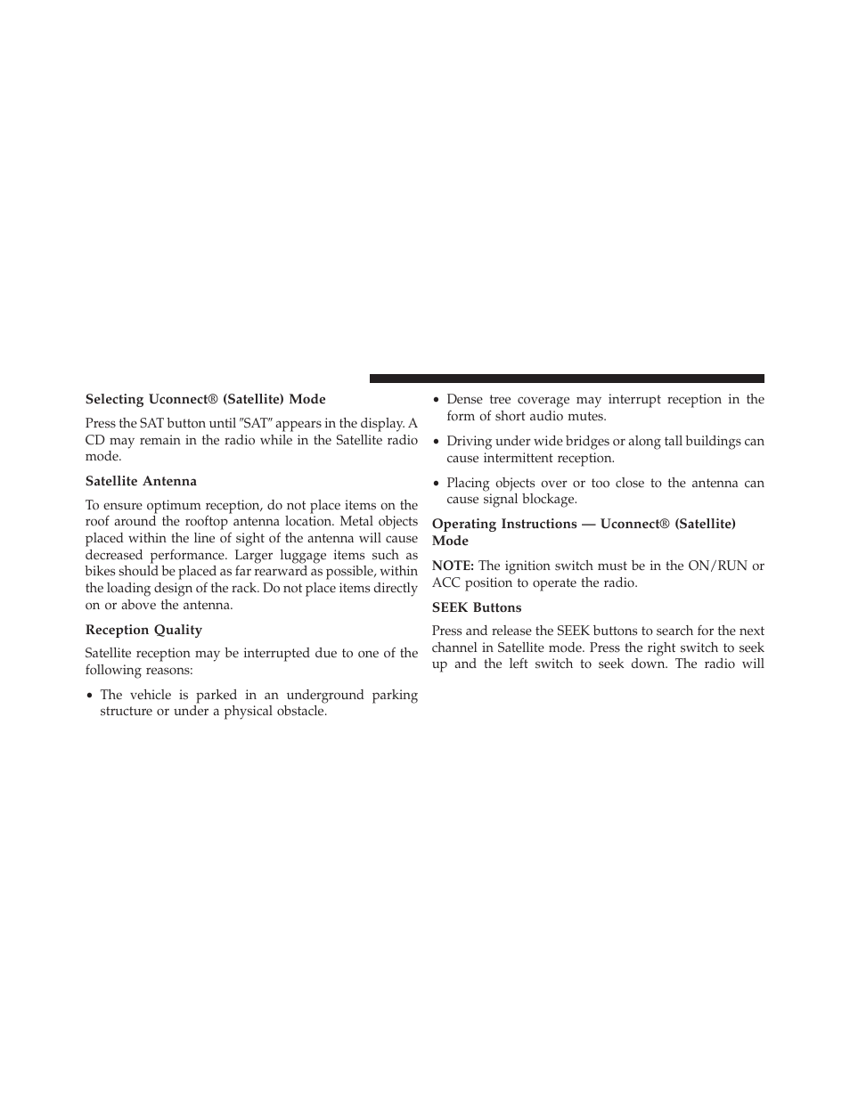 Selecting uconnect® (satellite) mode, Satellite antenna, Reception quality | Seek buttons | Jeep 2014 Compass - Owner Manual User Manual | Page 296 / 572