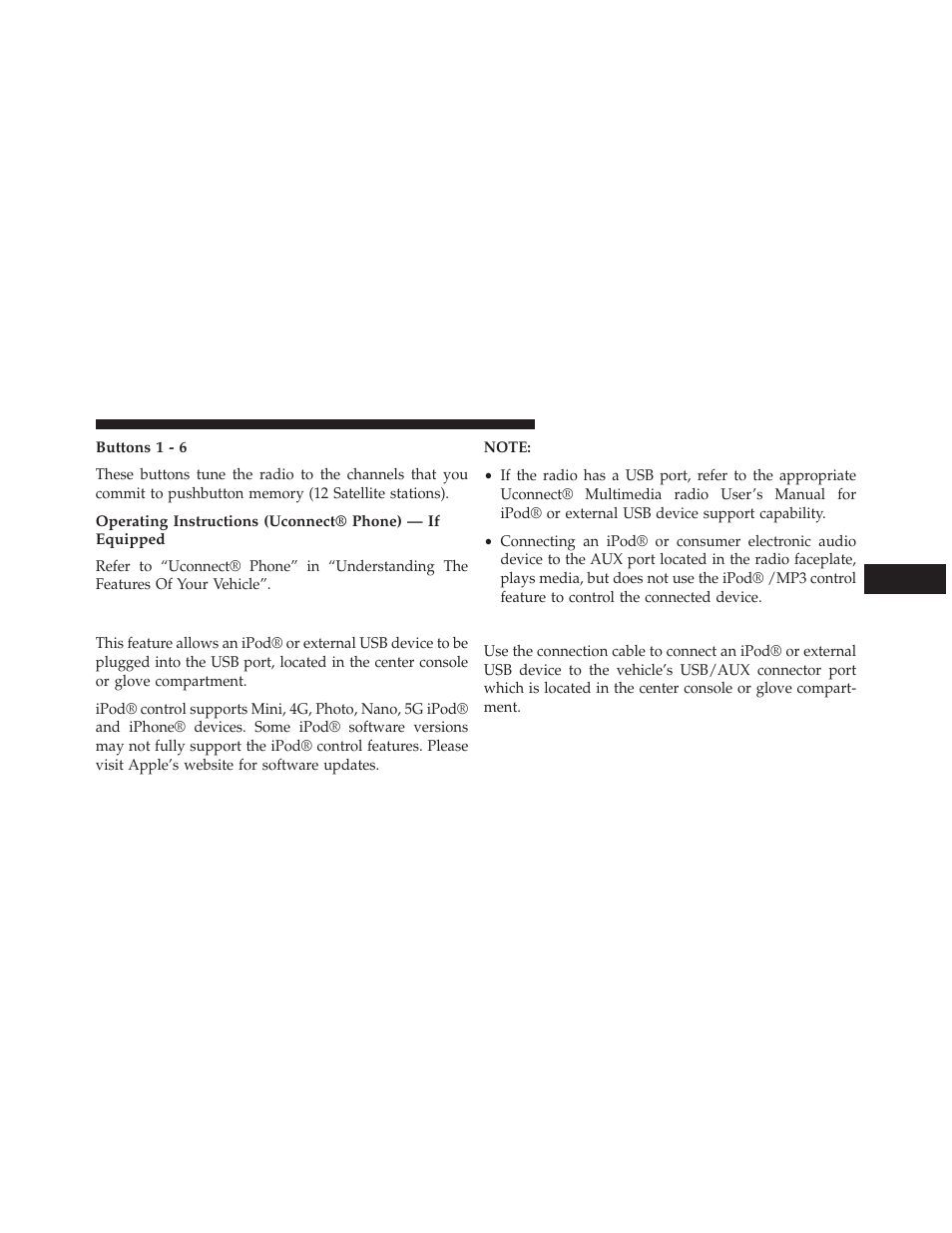 Buttons 1 - 6, Ipod®/usb/mp3 control — if equipped, Connecting the ipod® or external usb device | Connecting the ipod® or external usb, Device | Jeep 2014 Compass - Owner Manual User Manual | Page 299 / 572