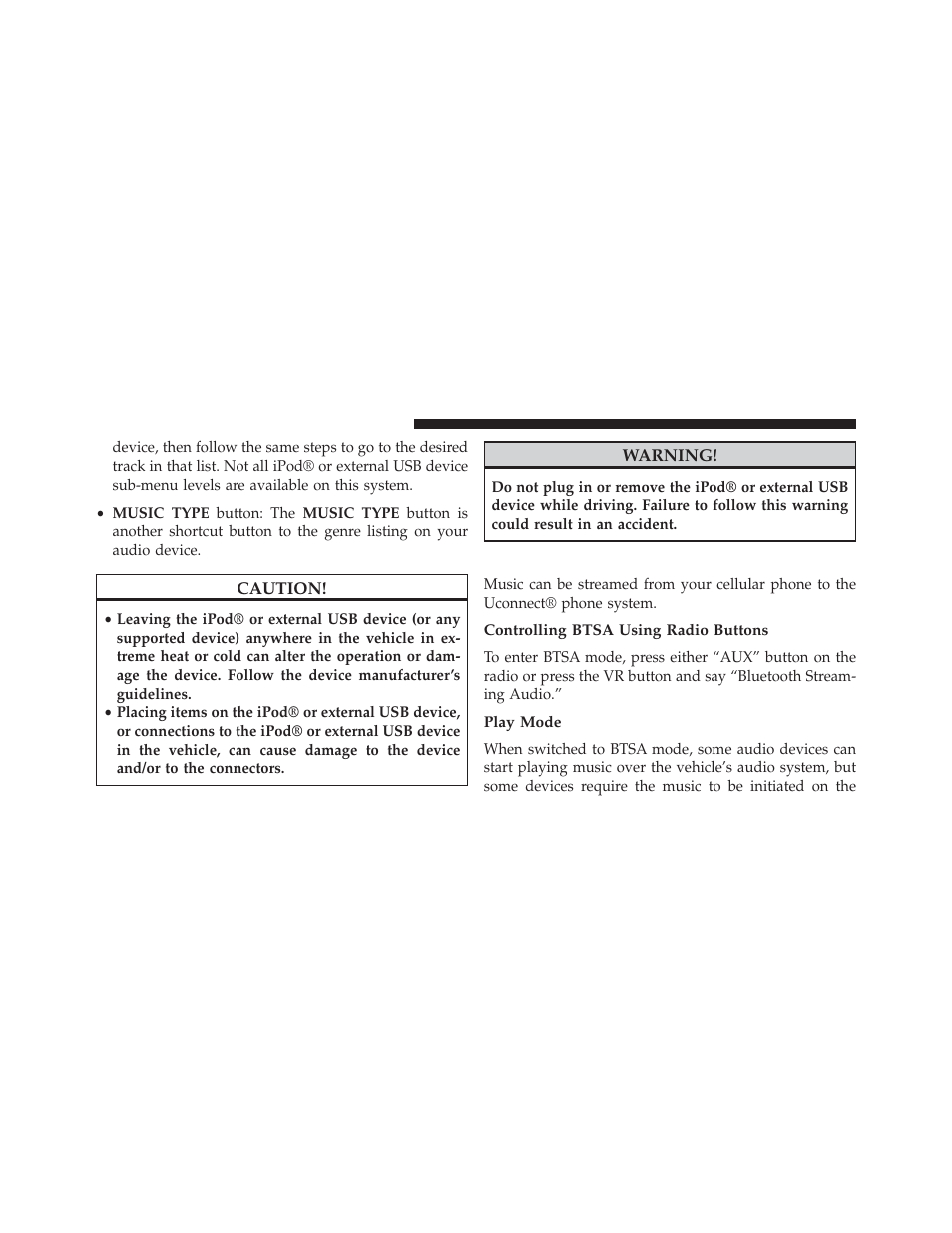 Bluetooth® streaming audio (btsa), Controlling btsa using radio buttons, Play mode | Jeep 2014 Compass - Owner Manual User Manual | Page 304 / 572