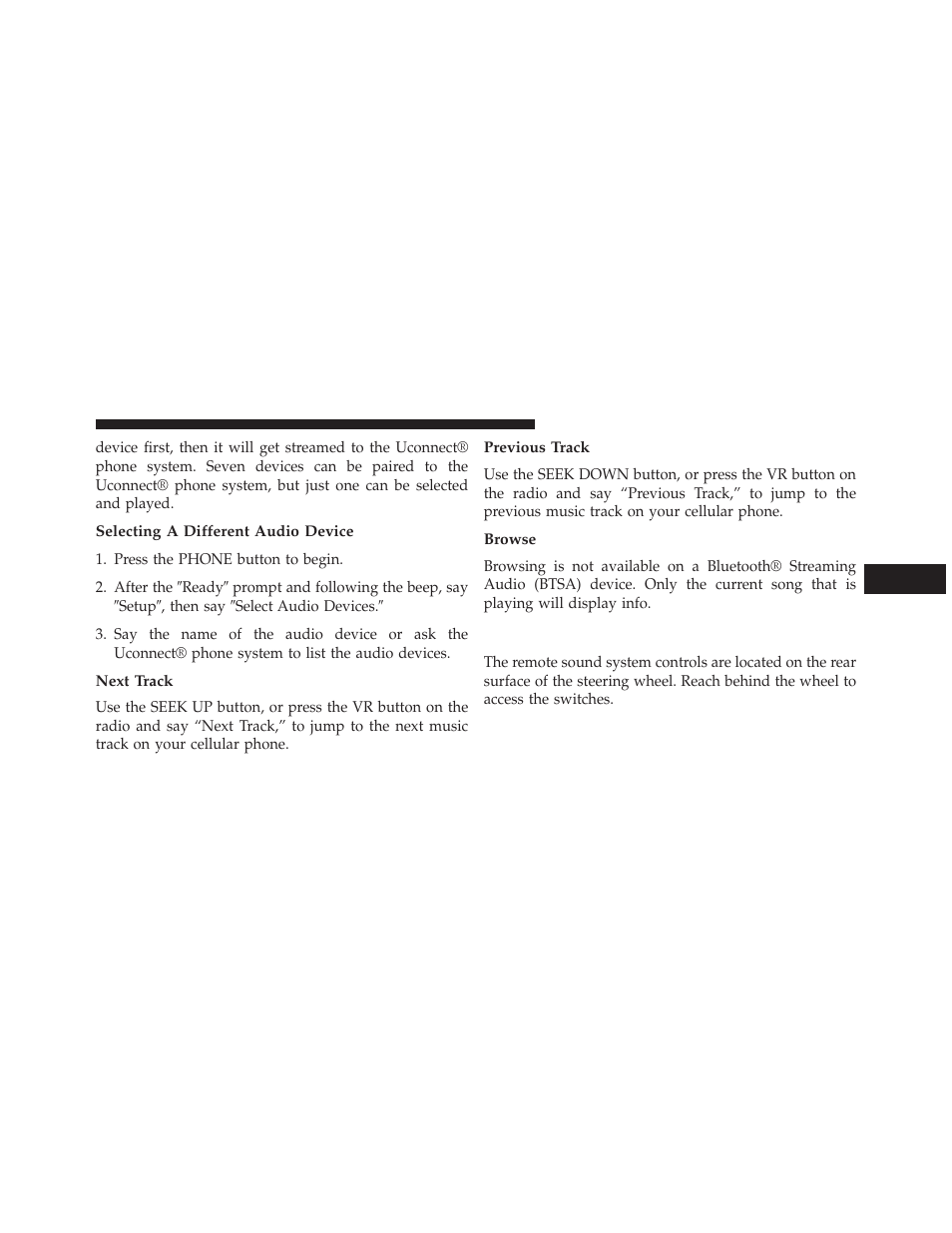 Selecting a different audio device, Next track, Previous track | Browse, Steering wheel audio controls | Jeep 2014 Compass - Owner Manual User Manual | Page 305 / 572