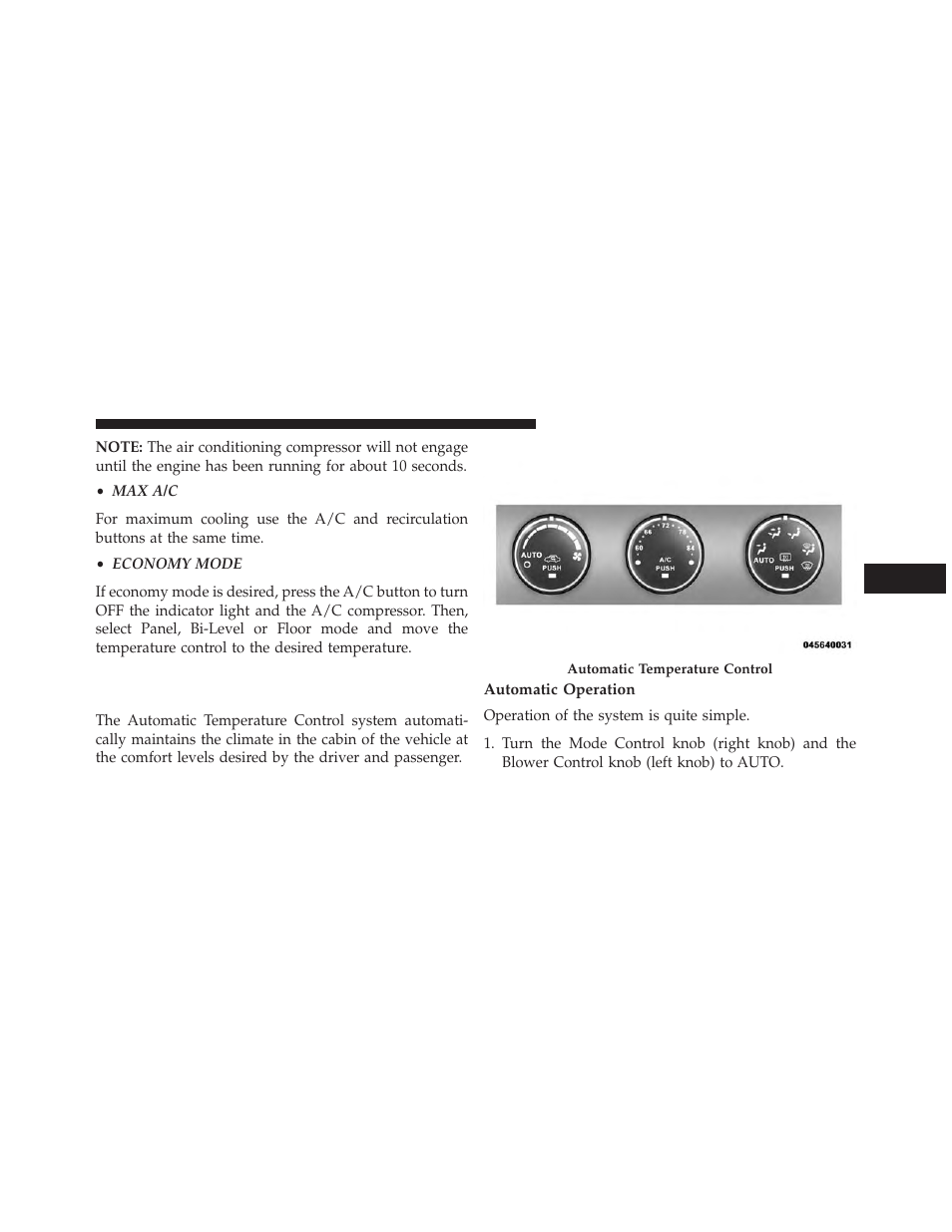 Automatic temperature control (atc) — if equipped, Automatic operation, Automatic temperature control (atc) — if | Equipped | Jeep 2014 Compass - Owner Manual User Manual | Page 313 / 572