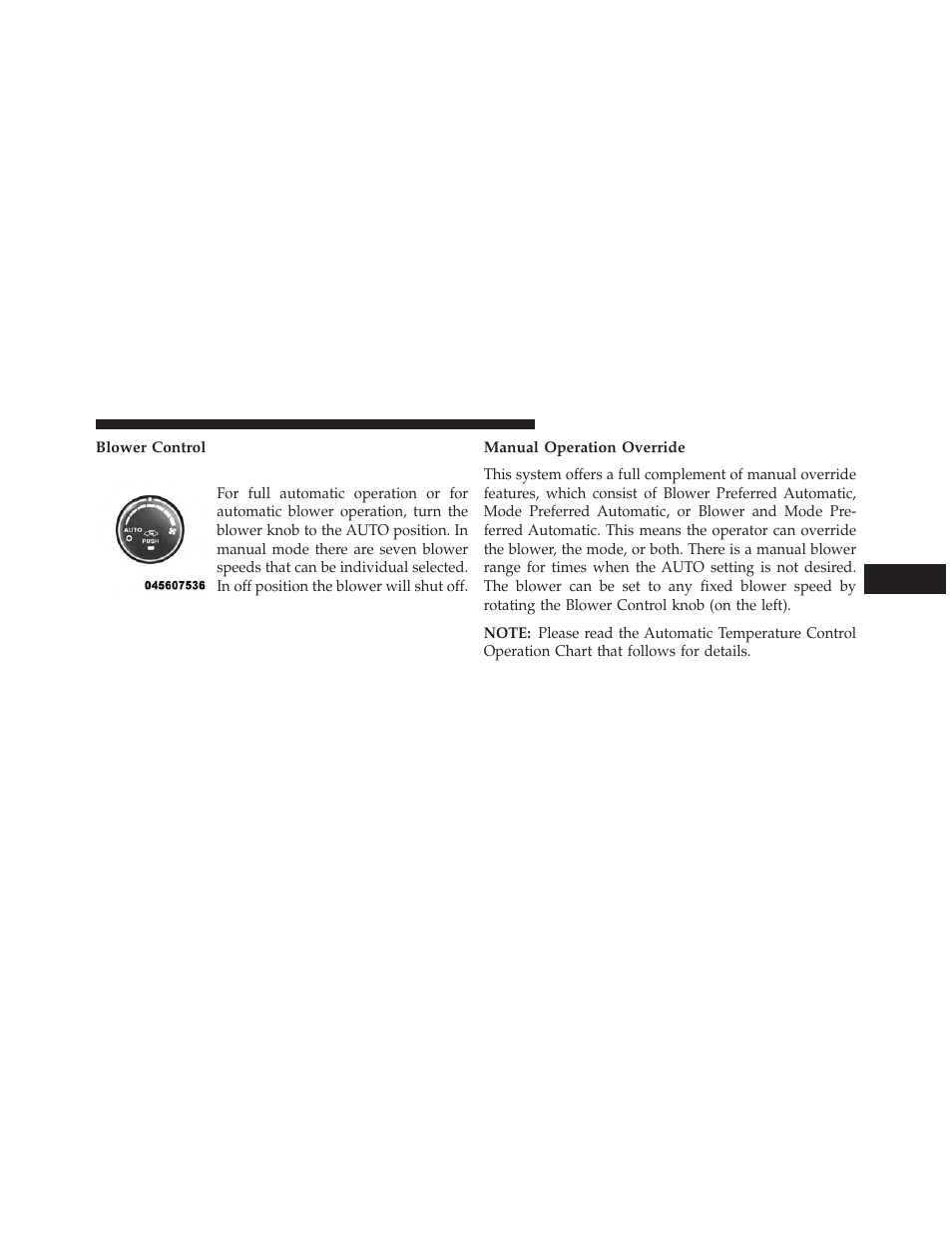 Blower control, Manual operation override | Jeep 2014 Compass - Owner Manual User Manual | Page 315 / 572
